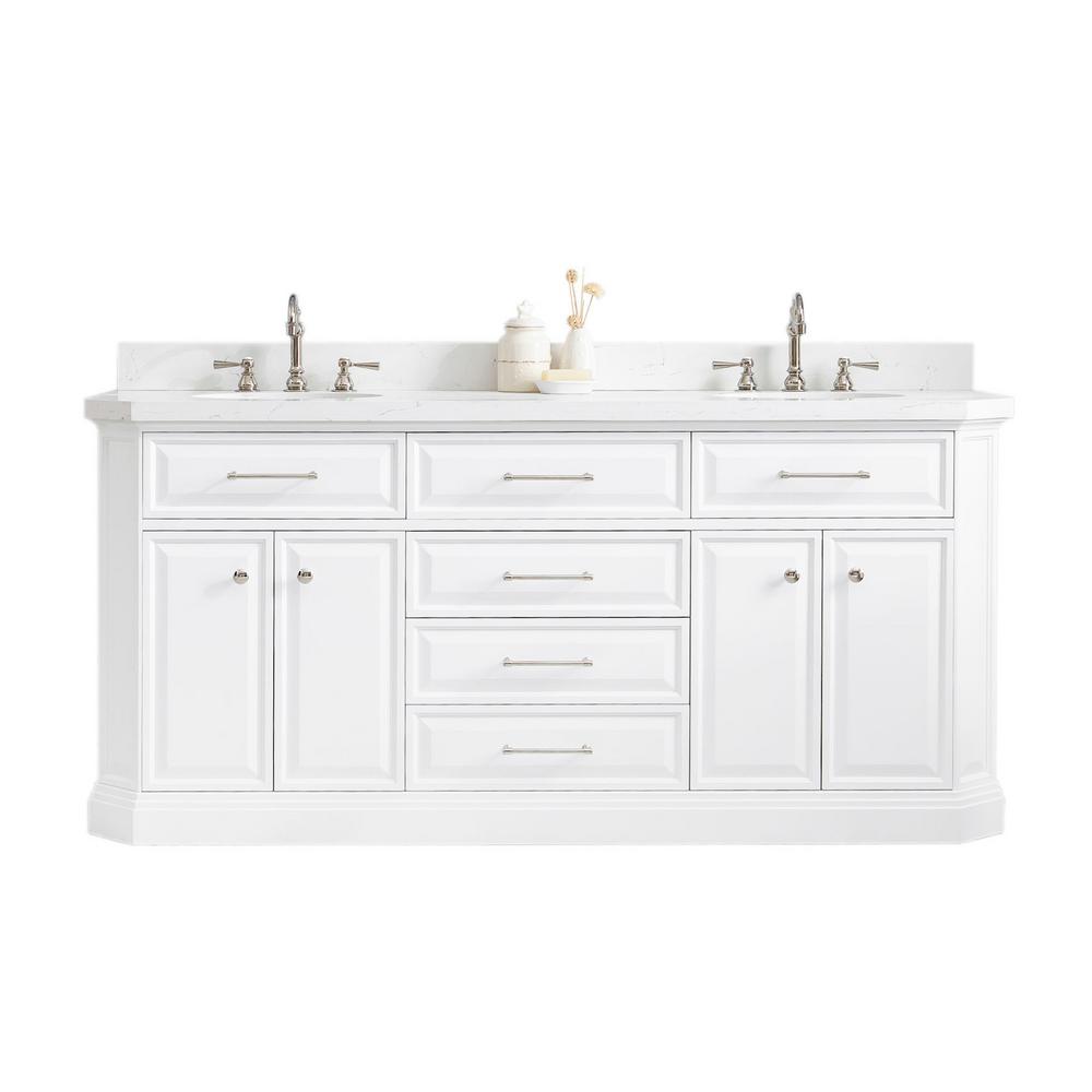 72" Palace Collection Quartz Carrara Pure White Bathroom Vanity Set With Hardware And F2-0012 Faucets in Polished Nickel (PVD) F