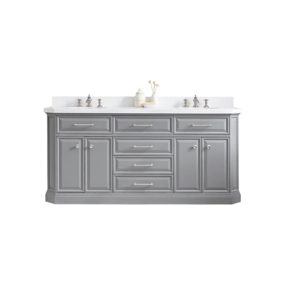 72" Palace Collection Quartz Carrara Cashmere Grey Bathroom Vanity Set With Hardware And F2-0013 Faucets in Polished Nickel (PVD