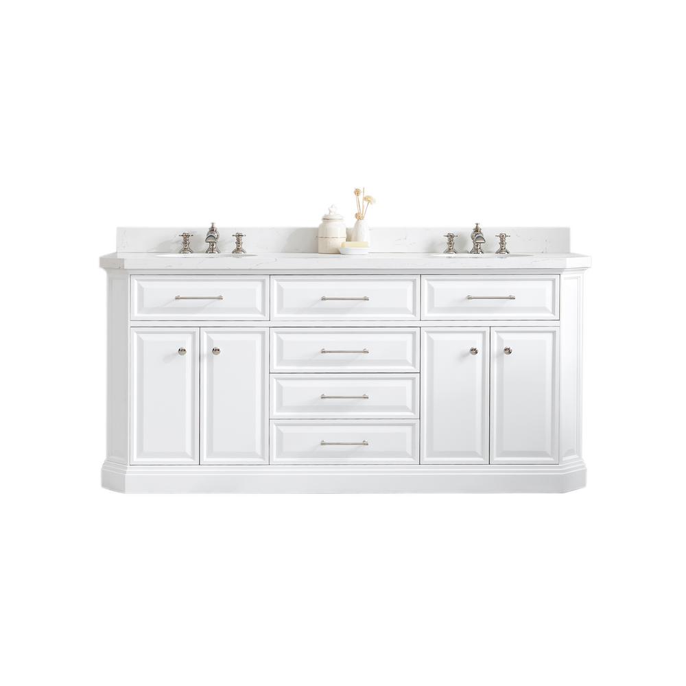 72" Palace Collection Quartz Carrara Pure White Bathroom Vanity Set With Hardware And F2-0013 Faucets in Polished Nickel (PVD) F