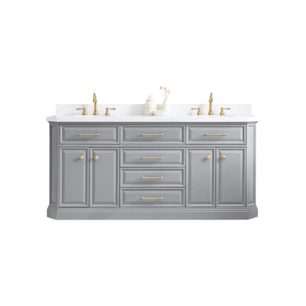 72" Palace Collection Quartz Carrara Cashmere Grey Bathroom Vanity Set With Hardware And F2-0012 Faucets in Satin Gold Finish An