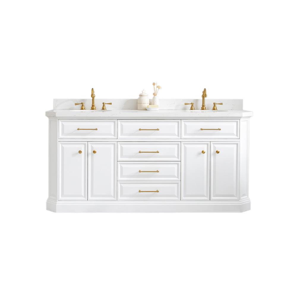 72" Palace Collection Quartz Carrara Pure White Bathroom Vanity Set With Hardware And F2-0012 Faucets in Satin Gold Finish And O