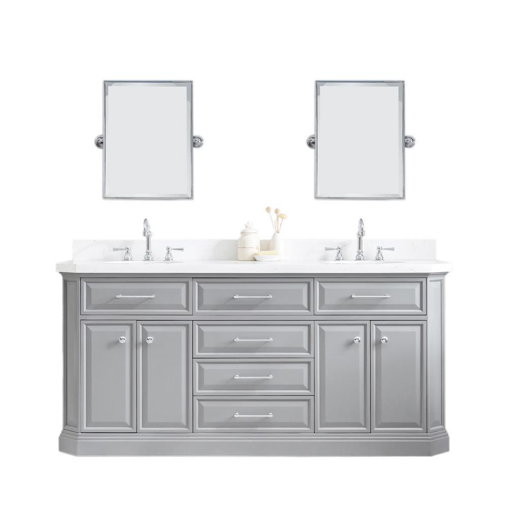 72" Palace Collection Quartz Carrara Cashmere Grey Bathroom Vanity Set With Hardware And F2-0012 Faucets, Mirror in Chrome Finis