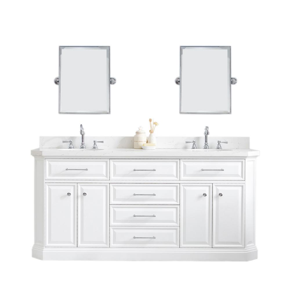 72" Palace Collection Quartz Carrara Pure White Bathroom Vanity Set With Hardware And F2-0012 Faucets, Mirror in Chrome Finish