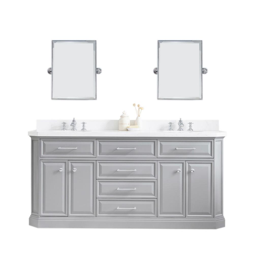 72" Palace Collection Quartz Carrara Cashmere Grey Bathroom Vanity Set With Hardware And F2-0013 Faucets, Mirror in Chrome Finis