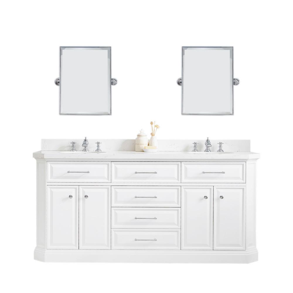 72" Palace Collection Quartz Carrara Pure White Bathroom Vanity Set With Hardware And F2-0013 Faucets, Mirror in Chrome Finish