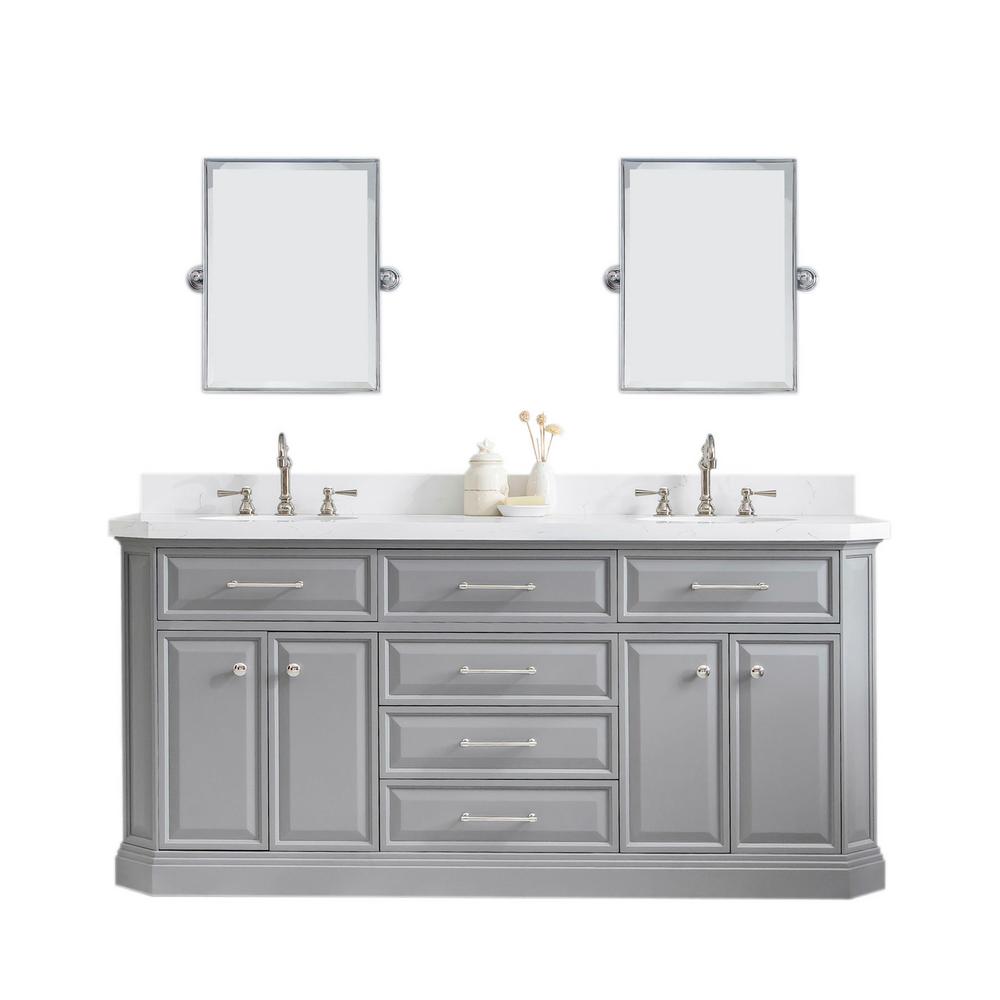 72" Palace Collection Quartz Carrara Cashmere Grey Bathroom Vanity Set With Hardware And F2-0012 Faucets, Mirror in Polished Nic