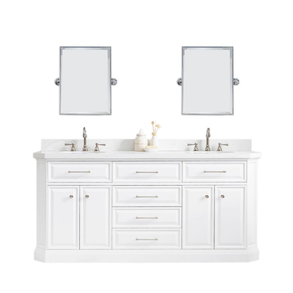72" Palace Collection Quartz Carrara Pure White Bathroom Vanity Set With Hardware And F2-0012 Faucets, Mirror in Polished Nickel