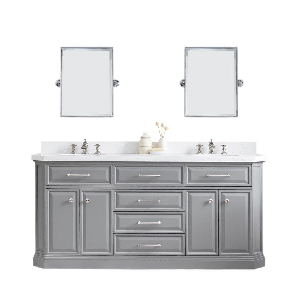 72" Palace Collection Quartz Carrara Cashmere Grey Bathroom Vanity Set With Hardware And F2-0013 Faucets, Mirror in Polished Nic