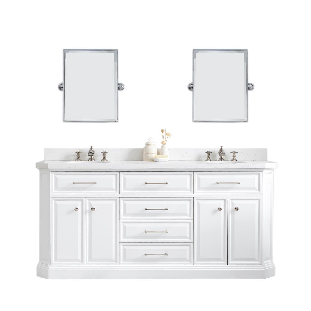 72" Palace Collection Quartz Carrara Pure White Bathroom Vanity Set With Hardware And F2-0013 Faucets, Mirror in Polished Nickel