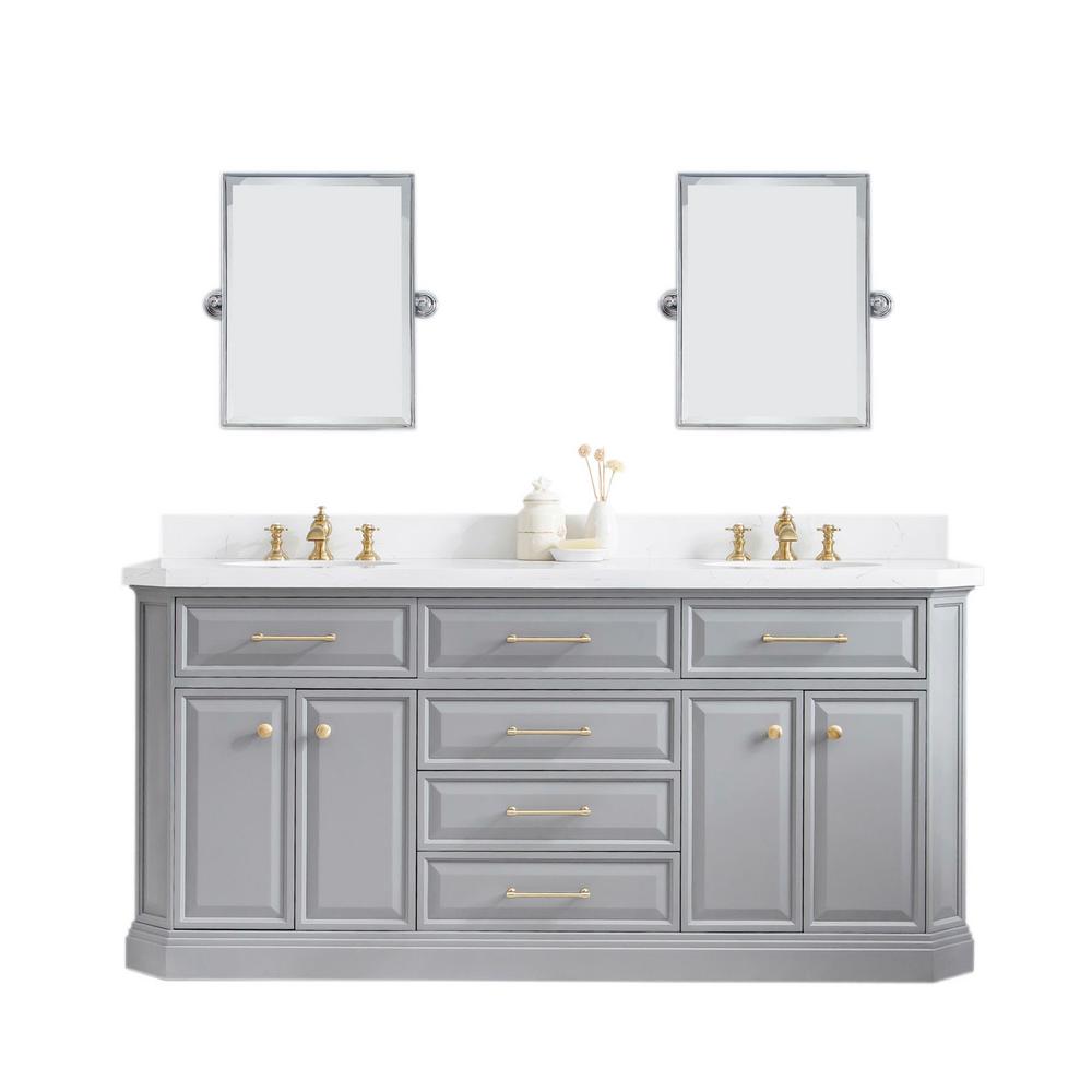 72" Palace Collection Quartz Carrara Cashmere Grey Bathroom Vanity Set With Hardware And F2-0013 Faucets in Satin Gold Finish An