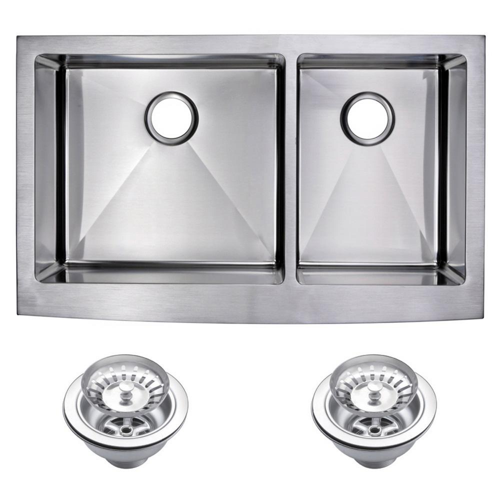 36 Inch X 22 Inch 15mm Corner Radius 60/40 Double Bowl Stainless Steel Hand Made Apron Front Kitchen Sink With Drains and Strain