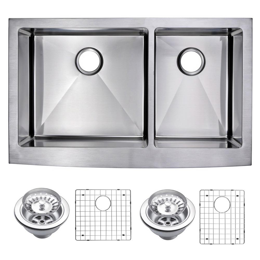 36 Inch X 22 Inch 15mm Corner Radius 60/40 Double Bowl Stainless Steel Hand Made Apron Front Kitchen Sink With Drains, Strainers
