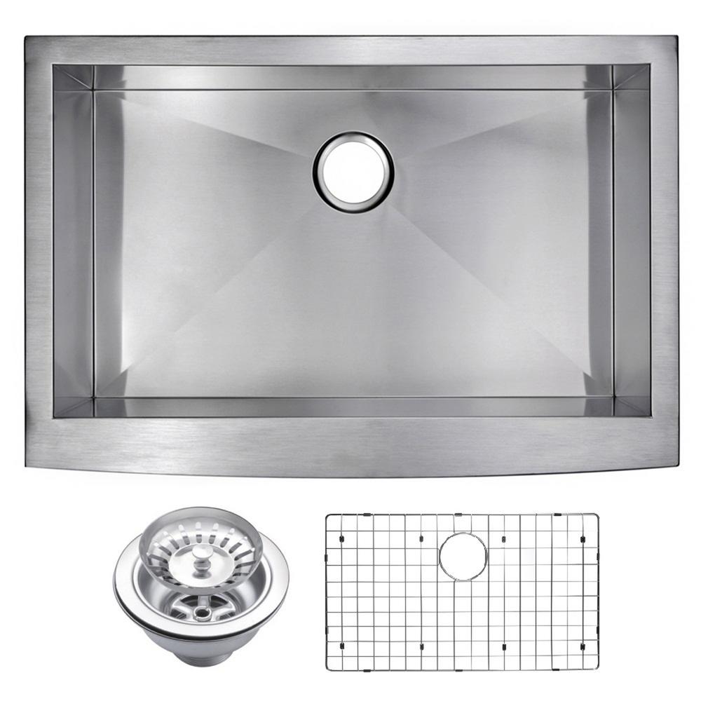 33 Inch X 21 Inch Zero Radius Single Bowl Stainless Steel Hand Made Apron Front Kitchen Sink With Drain, Strainer, And Bottom Gr