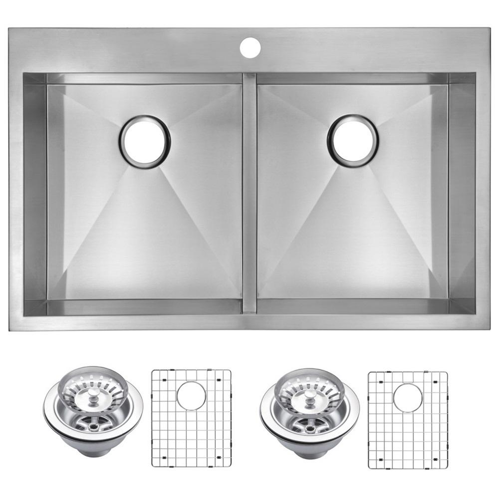 33 Inch X 22 Inch Zero Radius 50/50 Double Bowl Stainless Steel Hand Made Drop In Kitchen Sink With Drains, Strainers, And Botto