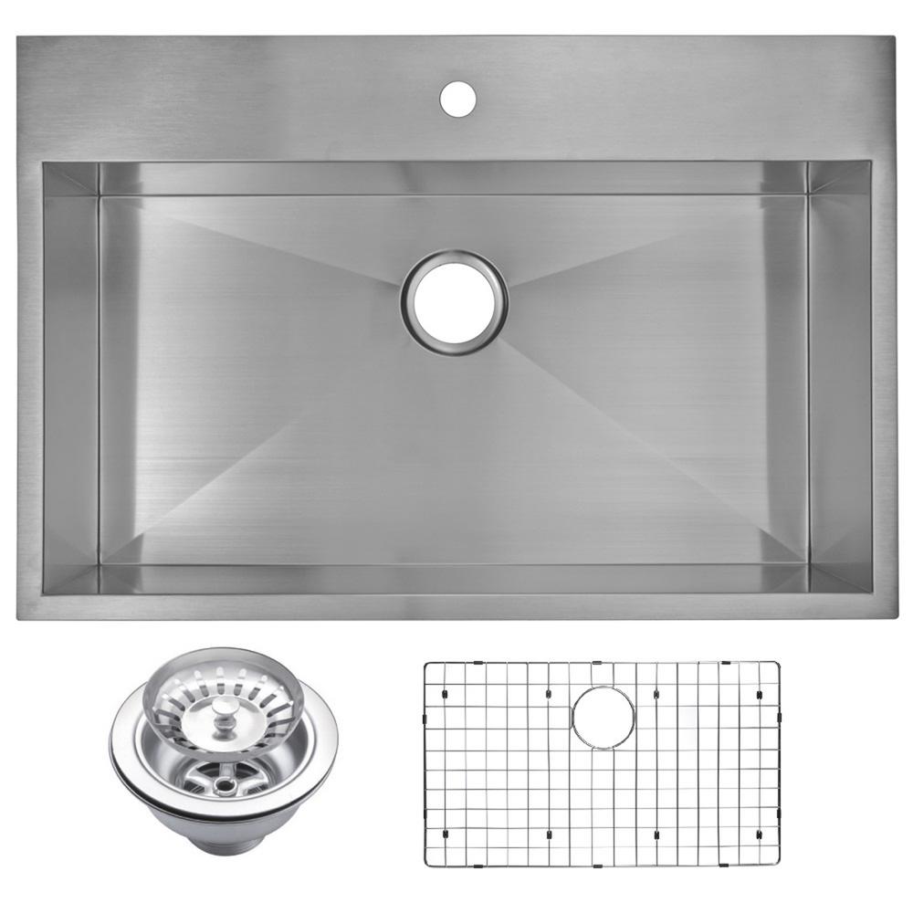 33 Inch X 22 Inch Zero Radius Single Bowl Stainless Steel Hand Made Drop In Kitchen Sink With Drain, Strainer, And Bottom Grid