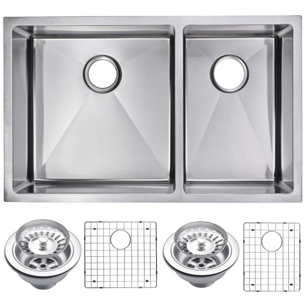 33 Inch X 20 Inch 15mm Corner Radius 60/40 Double Bowl Stainless Steel Hand Made Undermount Kitchen Sink With Drains, Strainers