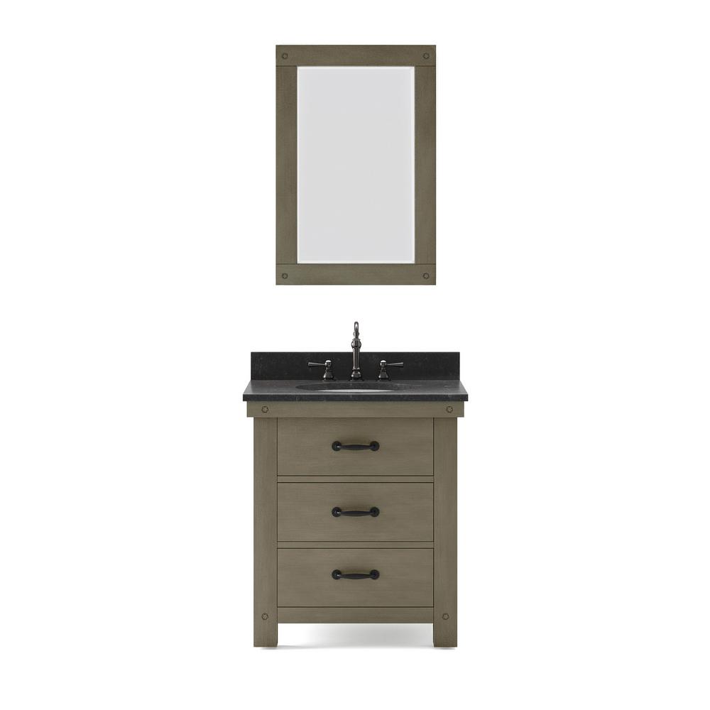 30 Inch Grizzle Grey Single Sink Bathroom Vanity With Mirror With Blue Limestone Counter Top From The ABERDEEN Collection
