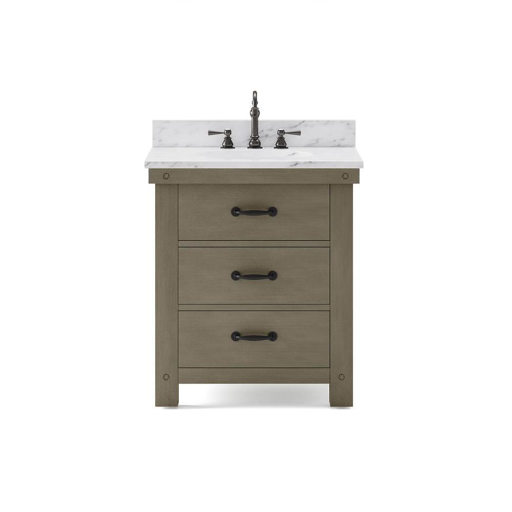 30 Inch Grizzle Grey Single Sink Bathroom Vanity With Carrara White Marble Counter Top From The ABERDEEN Collection