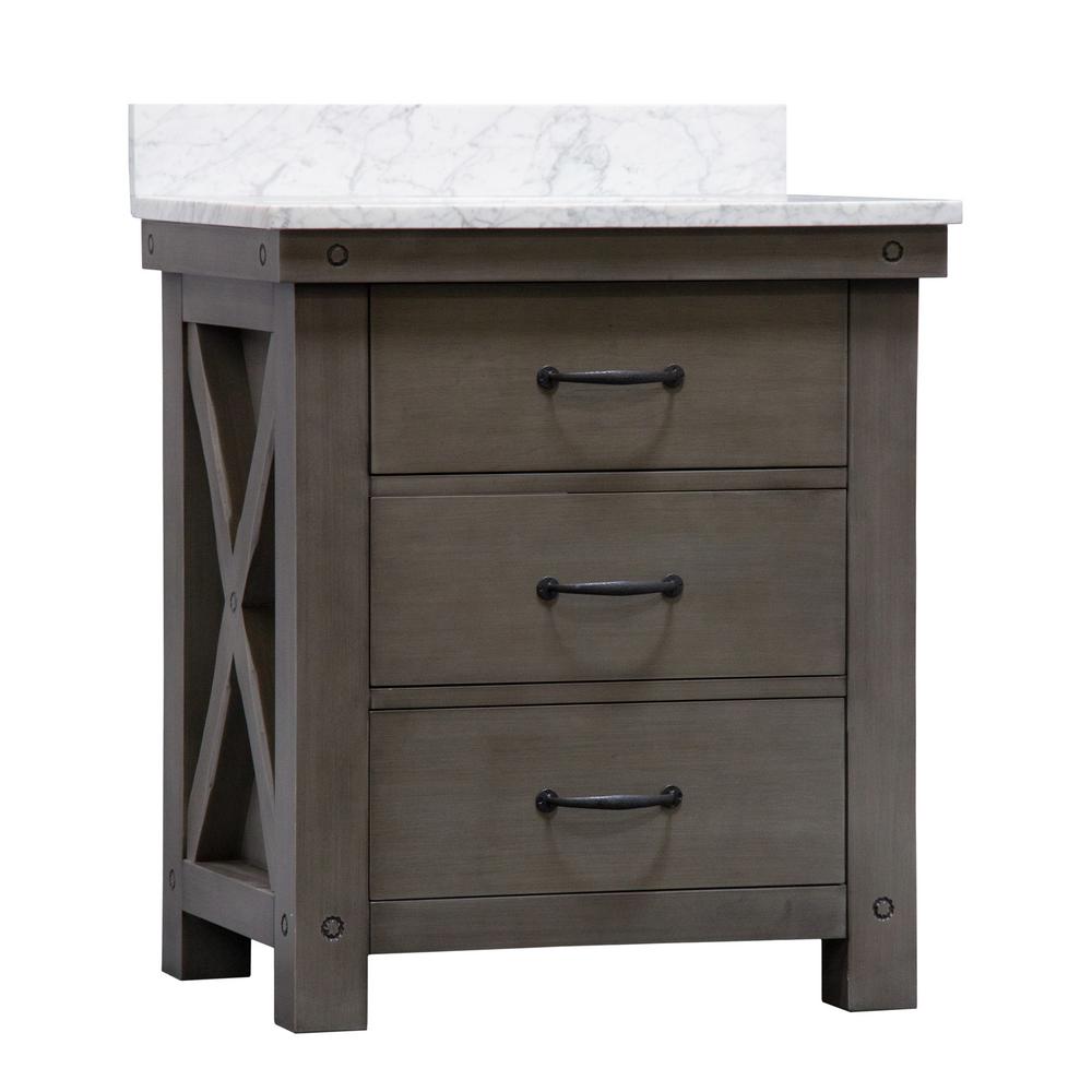 30 Inch Grizzle Grey Single Sink Bathroom Vanity With Faucet With Carrara White Marble Counter Top From The ABERDEEN Collection