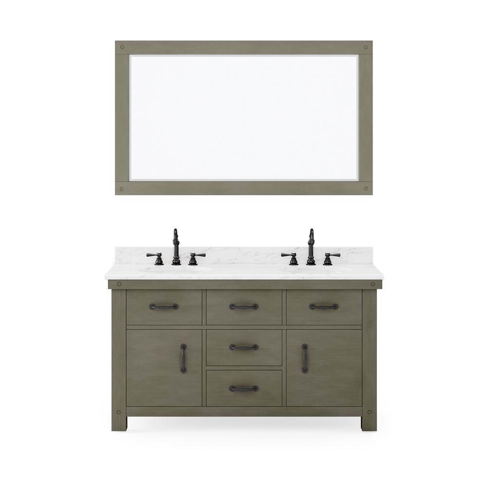 60 Inch Grizzle Grey Double Sink Bathroom Vanity With Mirror With Carrara White Marble Counter Top From The ABERDEEN Collection