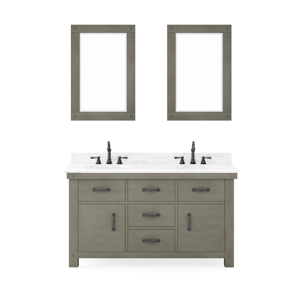 60 Inch Grizzle Grey Double Sink Bathroom Vanity With Mirrors With Carrara White Marble Counter Top From The ABERDEEN Collection