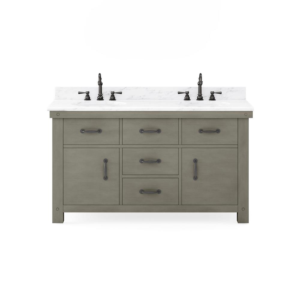 60 Inch Grizzle Grey Double Sink Bathroom Vanity With Faucets With Carrara White Marble Counter Top From The ABERDEEN Collection