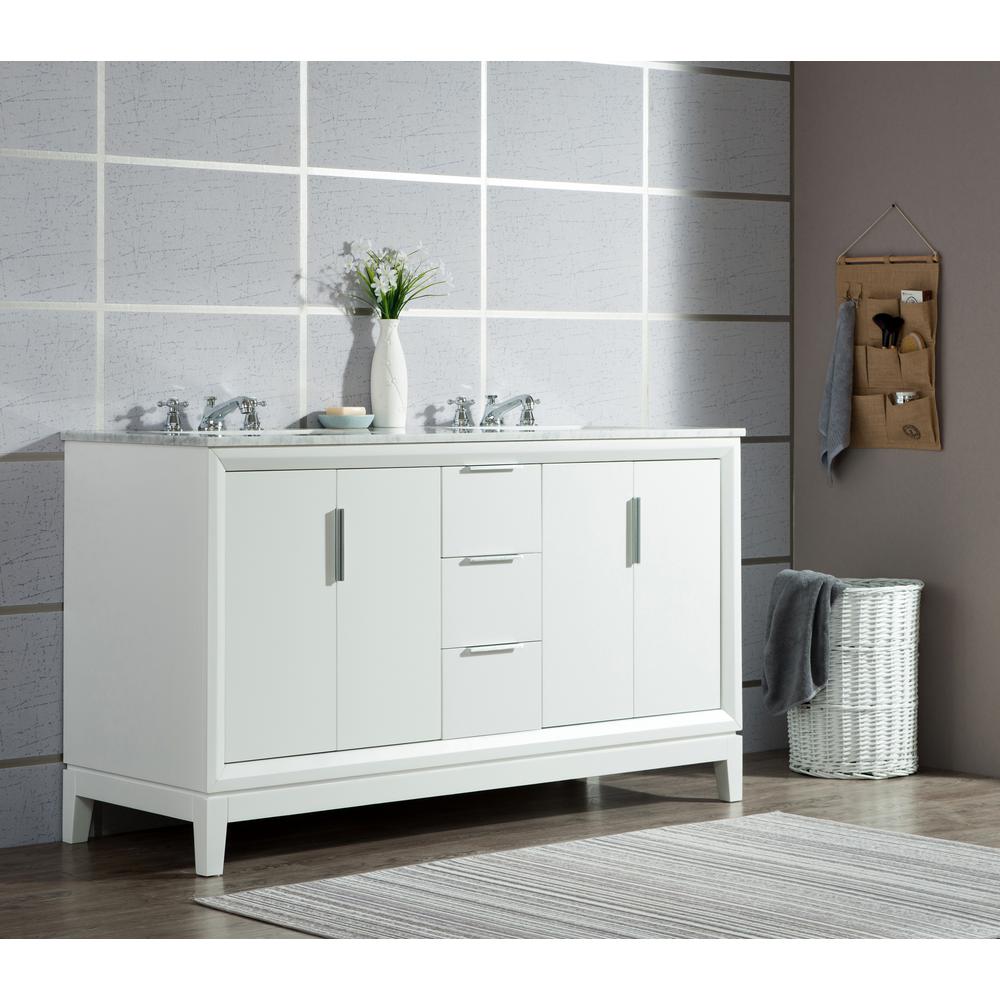Elizabeth 60-Inch Double Sink Carrara White Marble Vanity In Pure White With Matching Mirror(s)