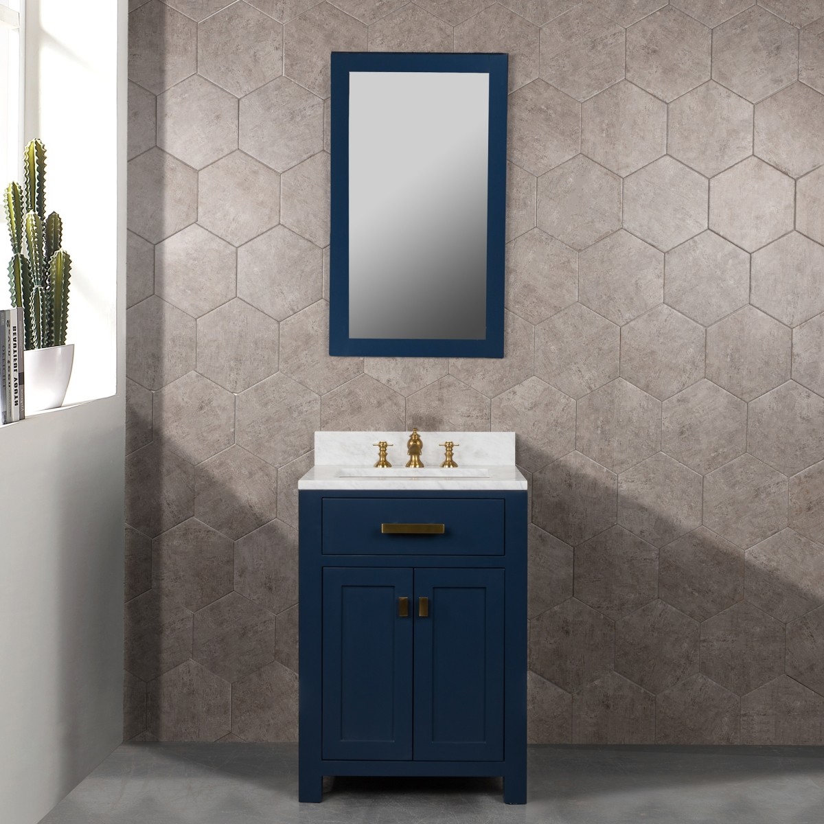 Madison 24-Inch Single Sink Carrara White Marble Vanity In Monarch Blue With Matching Mirror and F2-0013-06-FX Lavatory Faucet