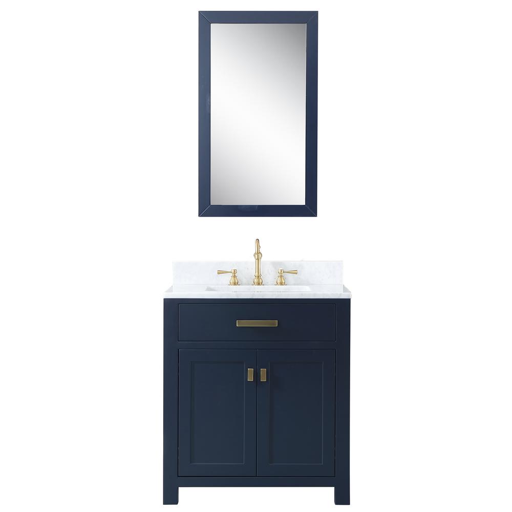 Madison 30-Inch Single Sink Carrara White Marble Vanity In Monarch Blue With Matching Mirror and F2-0012-06-TL Lavatory Faucet