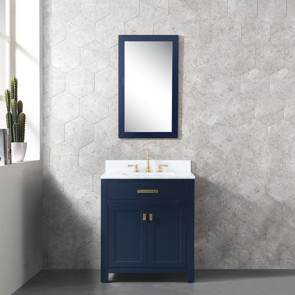 Madison 30-Inch Single Sink Carrara White Marble Vanity In Monarch Blue With F2-0012-06-TL Lavatory Faucet