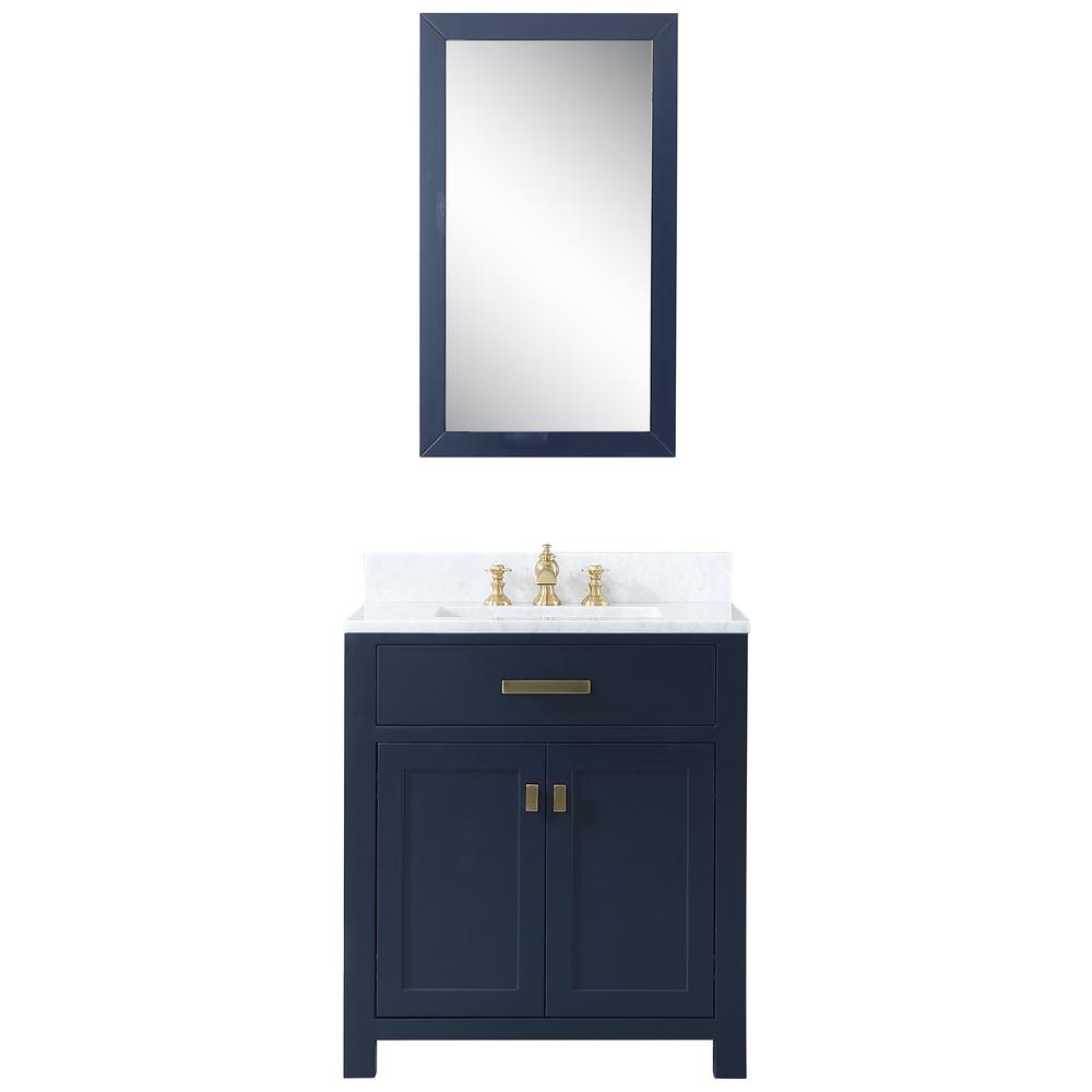 Madison 30-Inch Single Sink Carrara White Marble Vanity In Monarch Blue With Matching Mirror and F2-0013-06-FX Lavatory Faucet