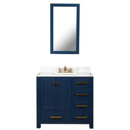 Madison 36-Inch Single Sink Carrara White Marble Vanity In Monarch Blue With Matching Mirror and F2-0013-06-FX Lavatory Faucet