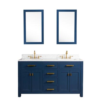 Madison 60-Inch Double Sink Carrara White Marble Vanity In Monarch BlueWith Matching Mirror(s) and F2-0012-06-TL Lavatory Faucet