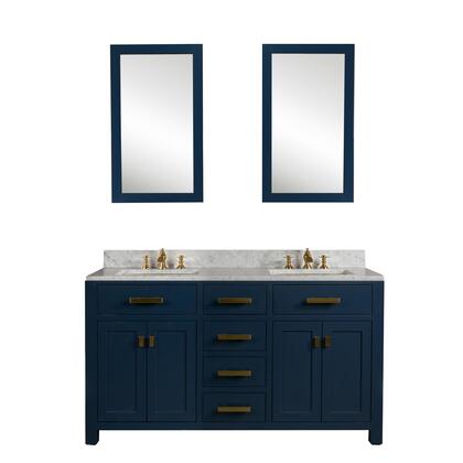 Madison 60-Inch Double Sink Carrara White Marble Vanity In Monarch BlueWith Matching Mirror(s) and F2-0013-06-FX Lavatory Faucet