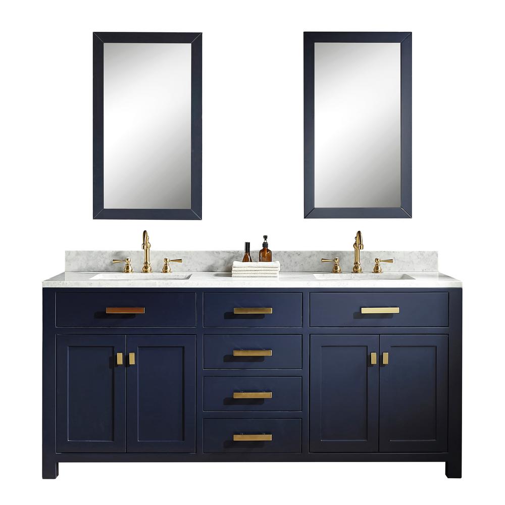 Madison 72-Inch Double Sink Carrara White Marble Vanity In Monarch Blue With Matching Mirror(s)