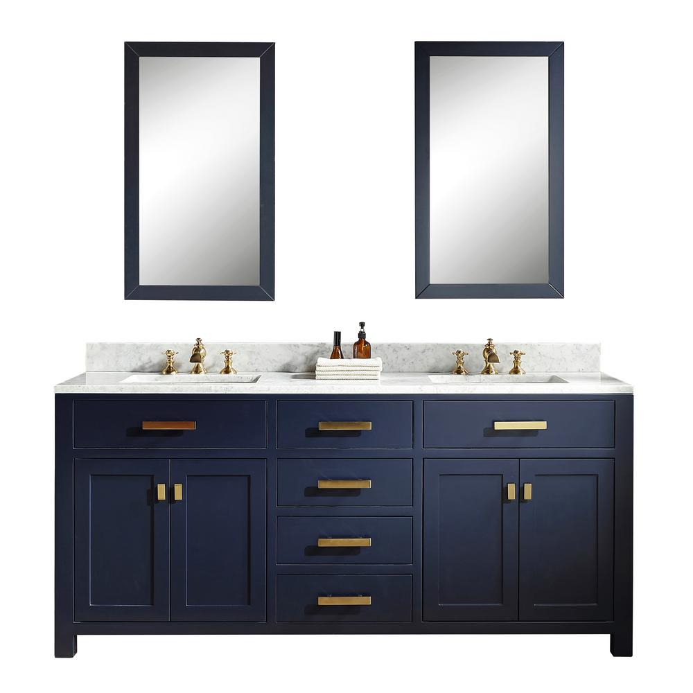 Madison 72-Inch Double Sink Carrara White Marble Vanity In Monarch Blue With Matching Mirror(s) and F2-0013-06-FX Lavatory Fauce
