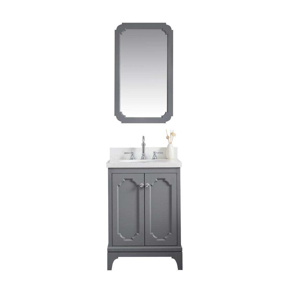 Queen 24-Inch Single Sink Quartz Carrara Vanity In Cashmere Grey With Matching Mirror(s) and F2-0012-01-TL Lavatory Faucet(s)
