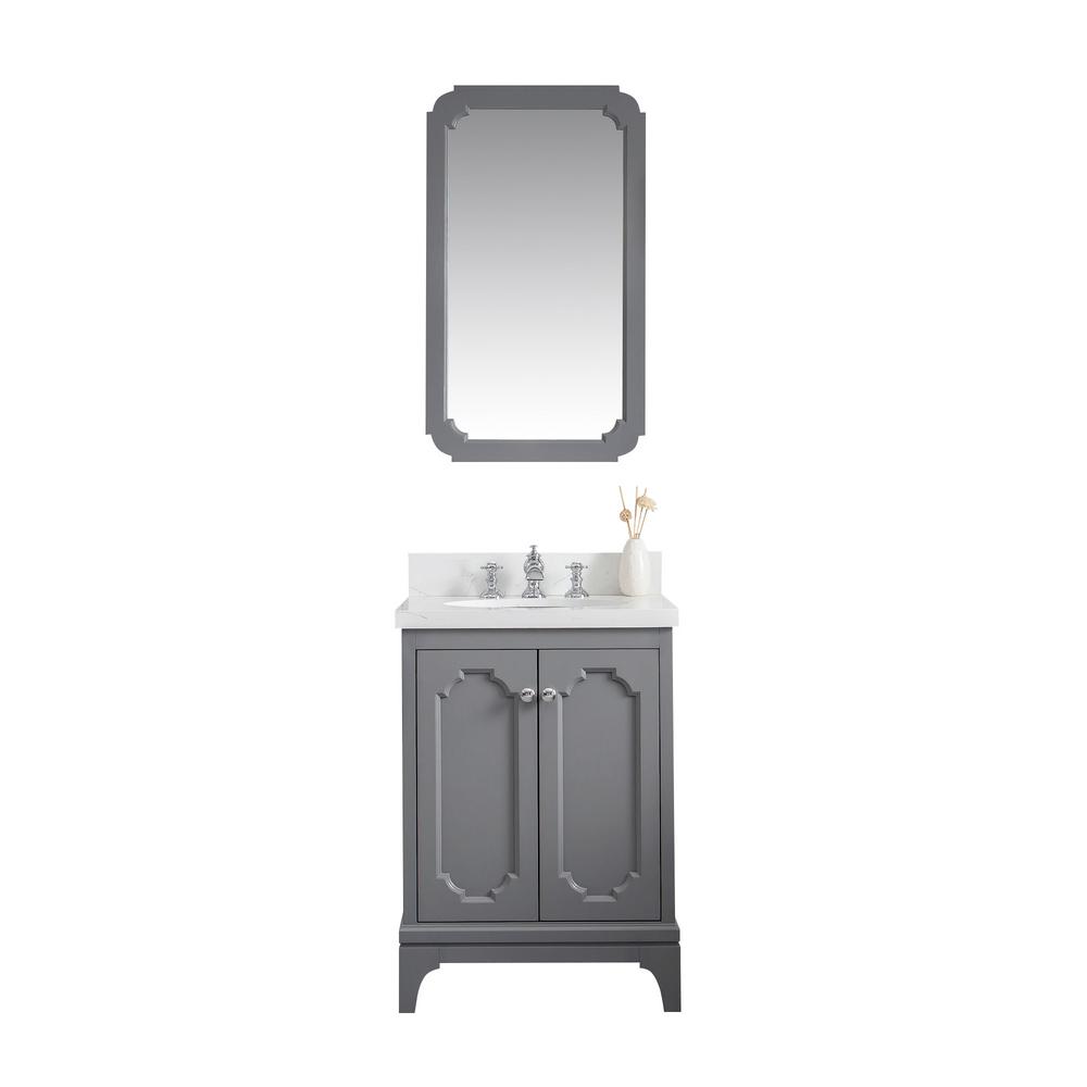 Queen 24-Inch Single Sink Quartz Carrara Vanity In Cashmere Grey With Matching Mirror(s) and F2-0013-01-FX Lavatory Faucet(s)
