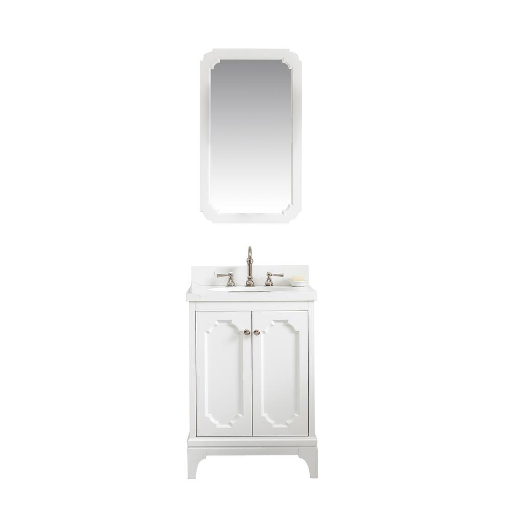 Queen 24-Inch Single Sink Quartz Carrara Vanity In Pure White With Matching Mirror(s) and F2-0012-05-TL Lavatory Faucet(s)