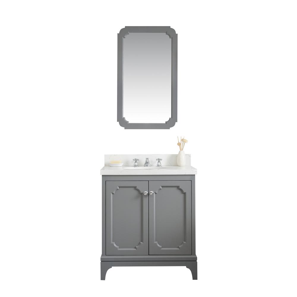 Queen 30-Inch Single Sink Quartz Carrara Vanity In Cashmere Grey With Matching Mirror(s) and F2-0009-01-BX Lavatory Faucet(s)
