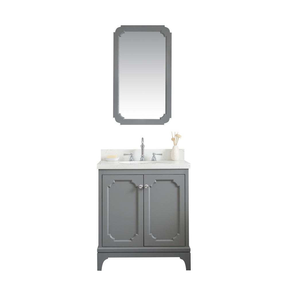 Queen 30-Inch Single Sink Quartz Carrara Vanity In Cashmere Grey With Matching Mirror(s) and F2-0012-01-TL Lavatory Faucet(s)