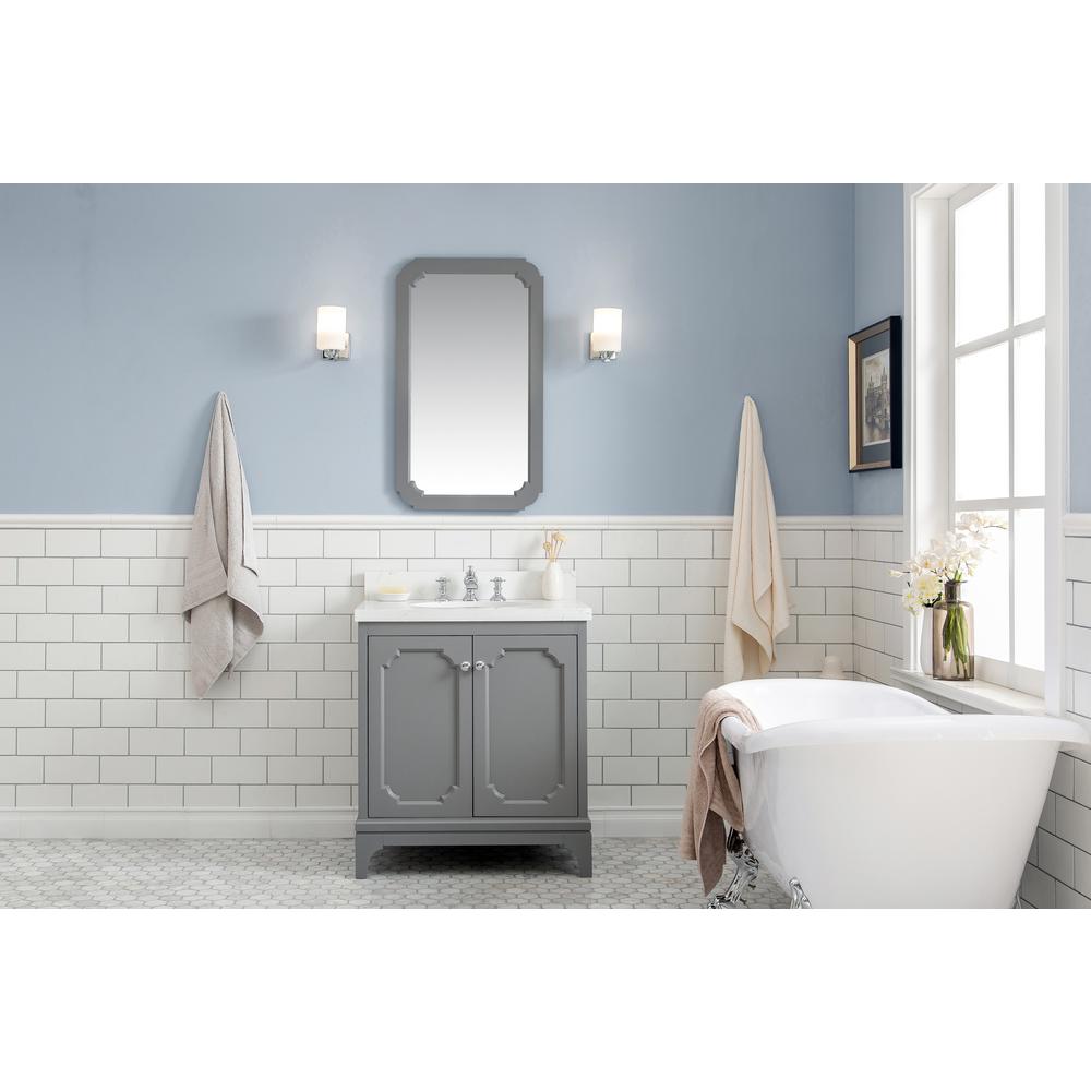 Queen 30-Inch Single Sink Quartz Carrara Vanity In Cashmere Grey With Matching Mirror(s) and F2-0013-01-FX Lavatory Faucet(s)