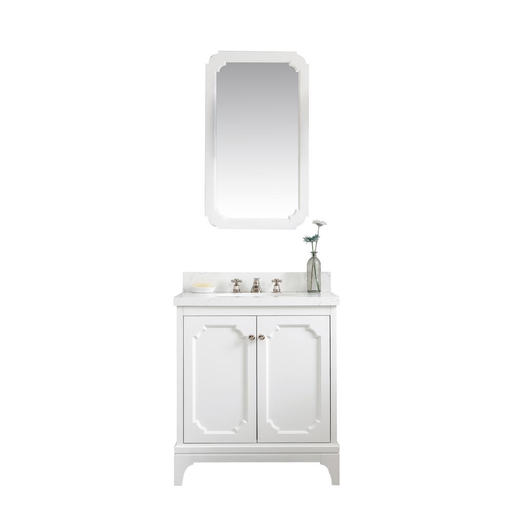 Queen 30-Inch Single Sink Quartz Carrara Vanity In Pure White With Matching Mirror(s)
