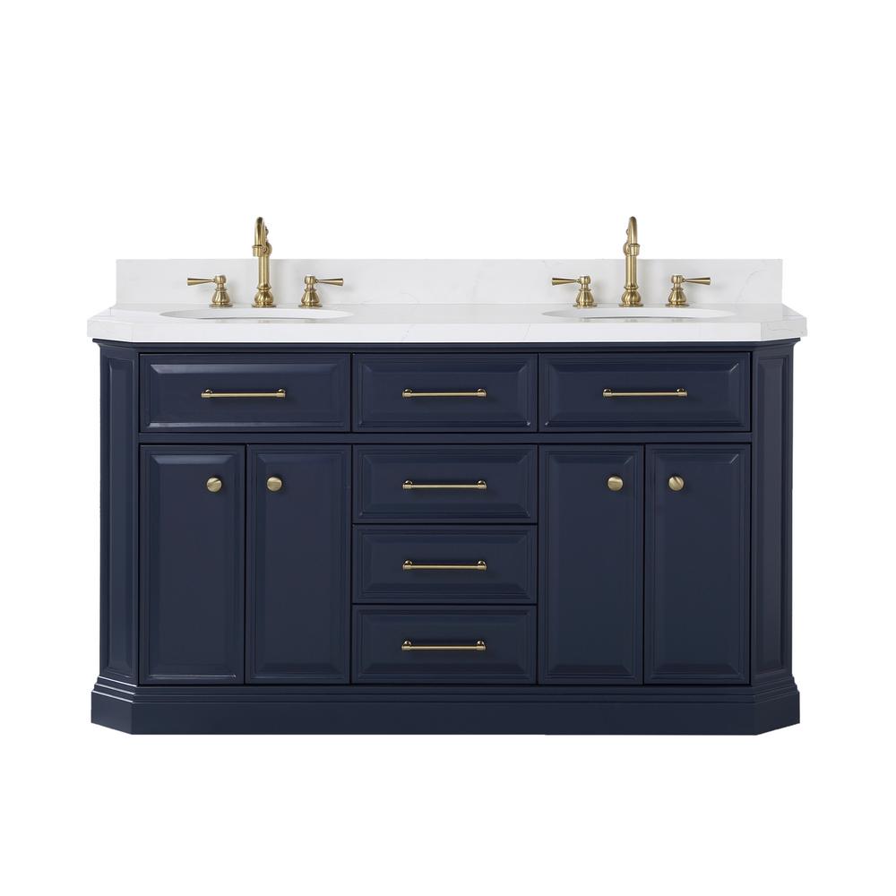 Palace 60 In. Double Sink White Quartz Countertop Vanity in Monarch Blue