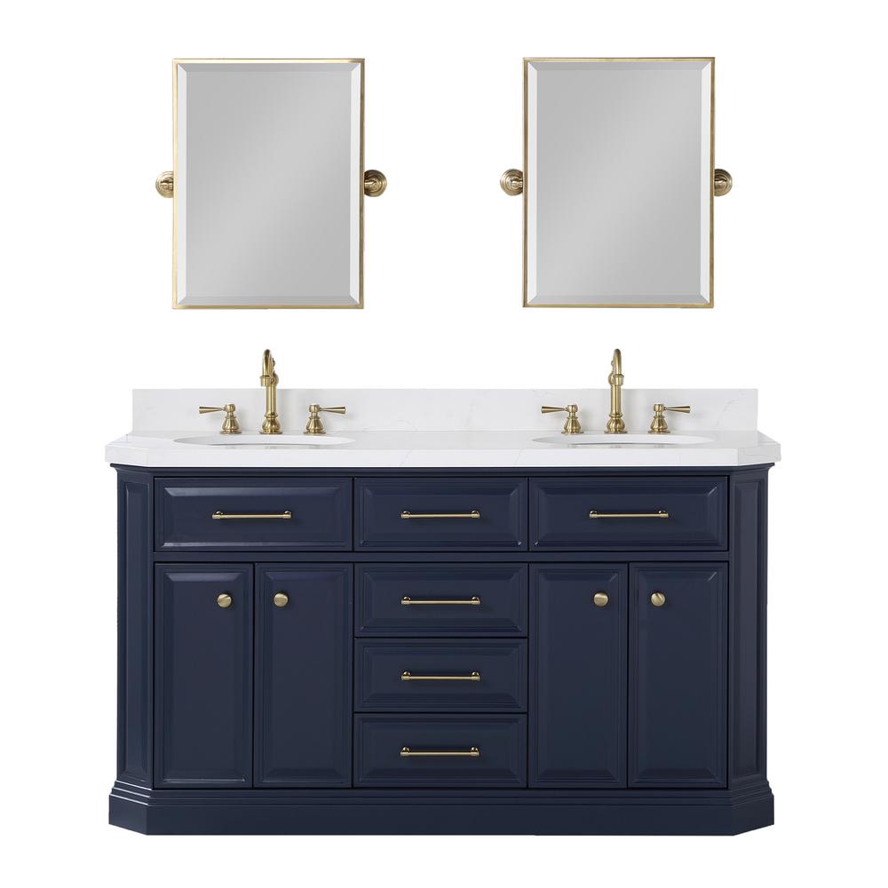 Palace 60 In. Double Sink White Quartz Countertop Vanity in Monarch Blue and Mirrors