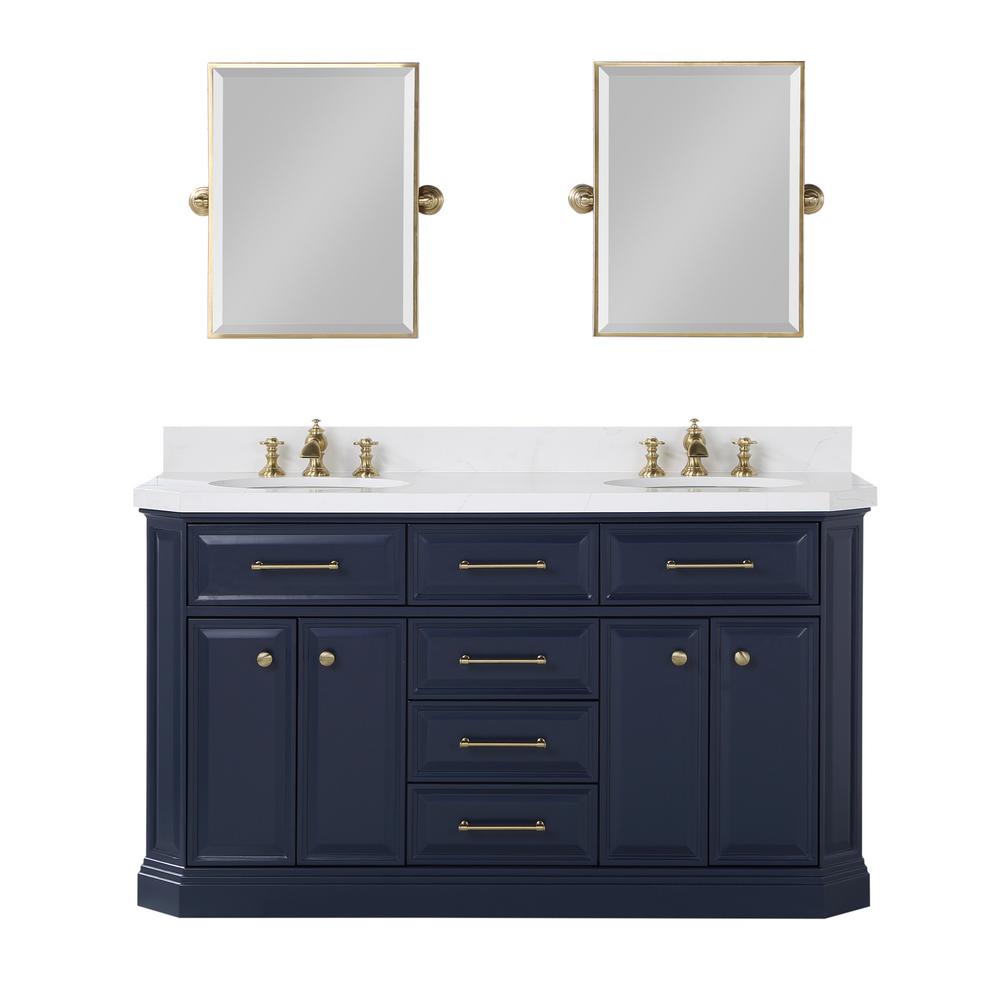 Palace 60 In. Double Sink White Quartz Countertop Vanity in Monarch Blue with Waterfall Faucets and Mirrors