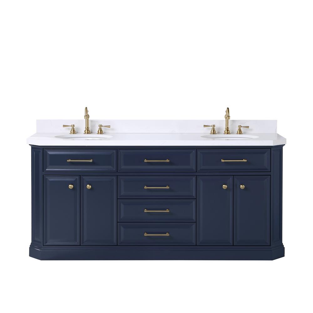Palace 72 In. Double Sink White Quartz Countertop Vanity in Monarch Blue