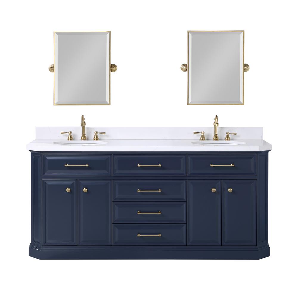 Palace 72 In. Double Sink White Quartz Countertop Vanity in Monarch Blue and Mirrors