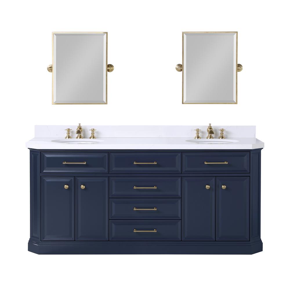 Palace 72 In. Double Sink White Quartz Countertop Vanity in Monarch Blue with Waterfall Faucets and Mirrors