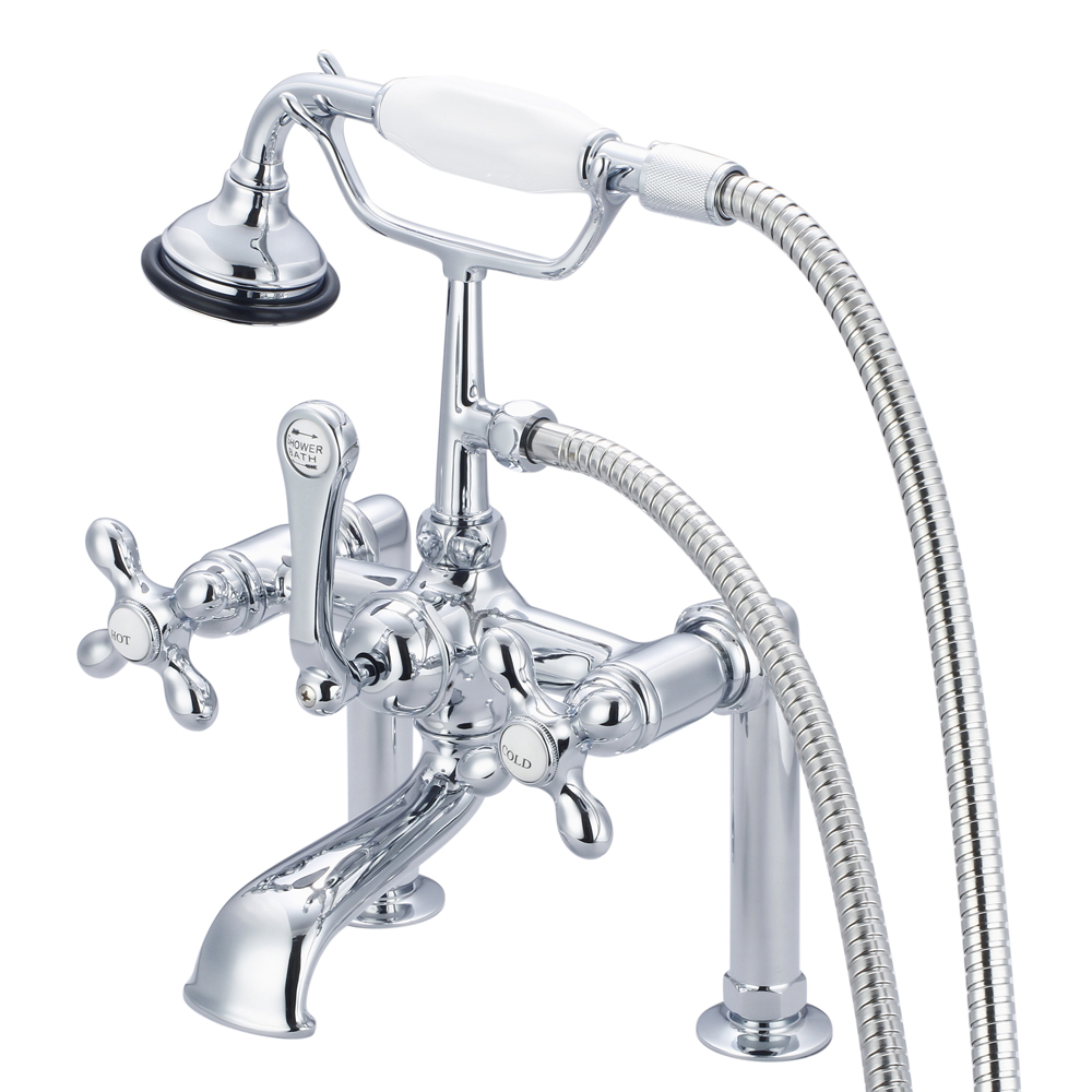 7" Spread Deck Mount Tub Faucet With 6" Risers & Handheld Shower, Hand Polished, Rich